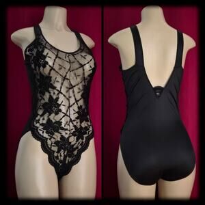 Vintage 80s LADY CAMEO Sheer TEDDY Panty NYLON Stretch BODYSUIT Floral Lace M/L